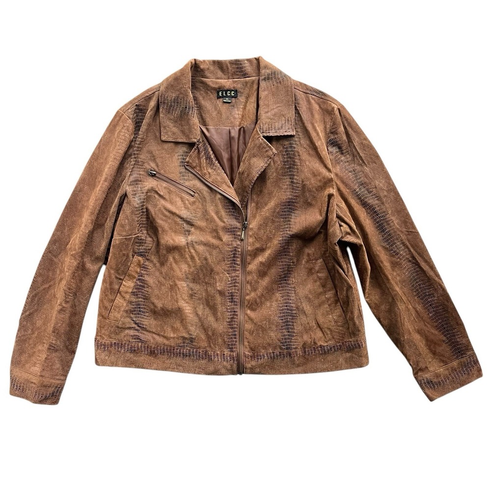 ELCC Women XL Brown Faux Suede Snakeskin Embossed ZipFront Biker Moto Jacket Y2K